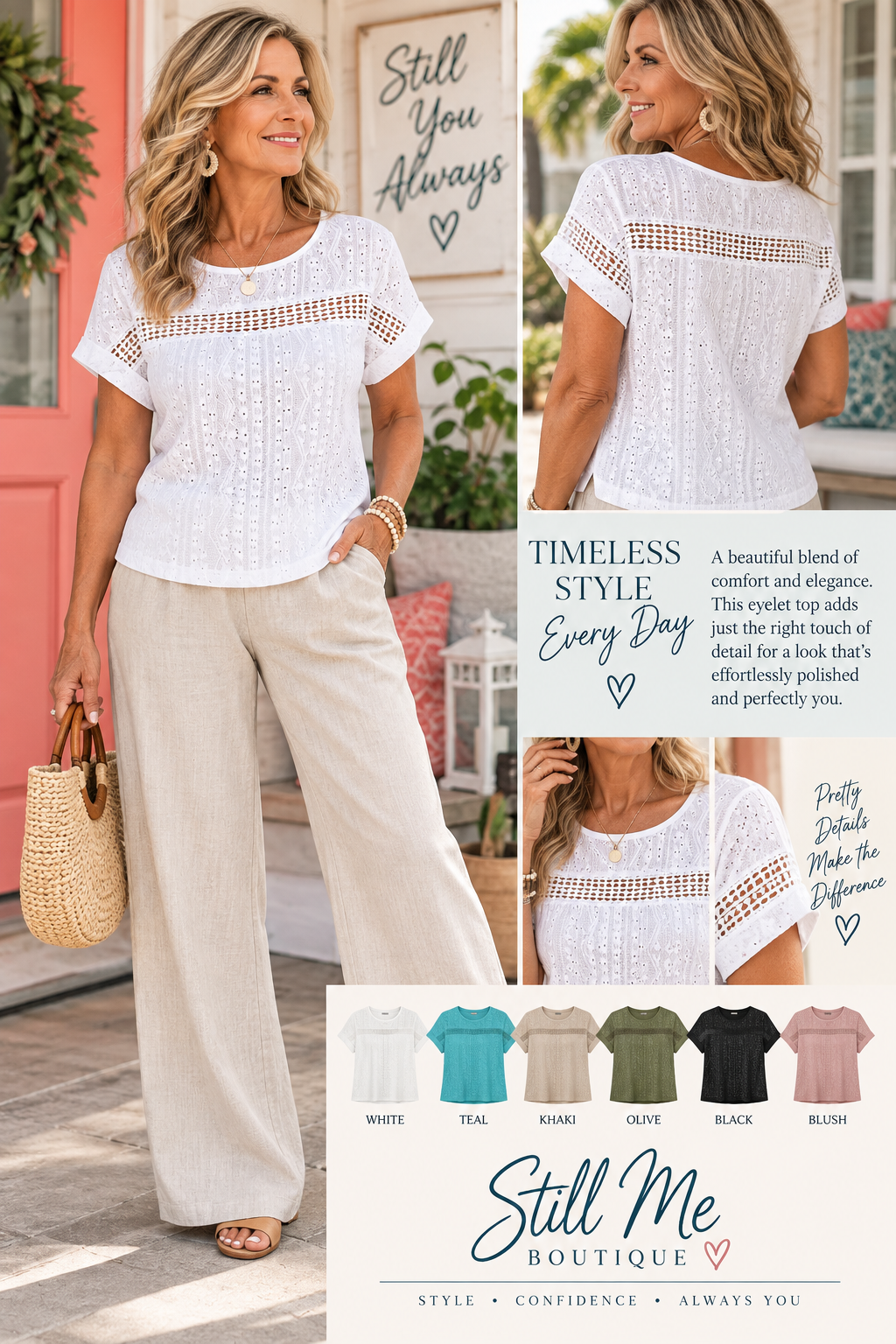Eyelet Round Neck Short Sleeve Top